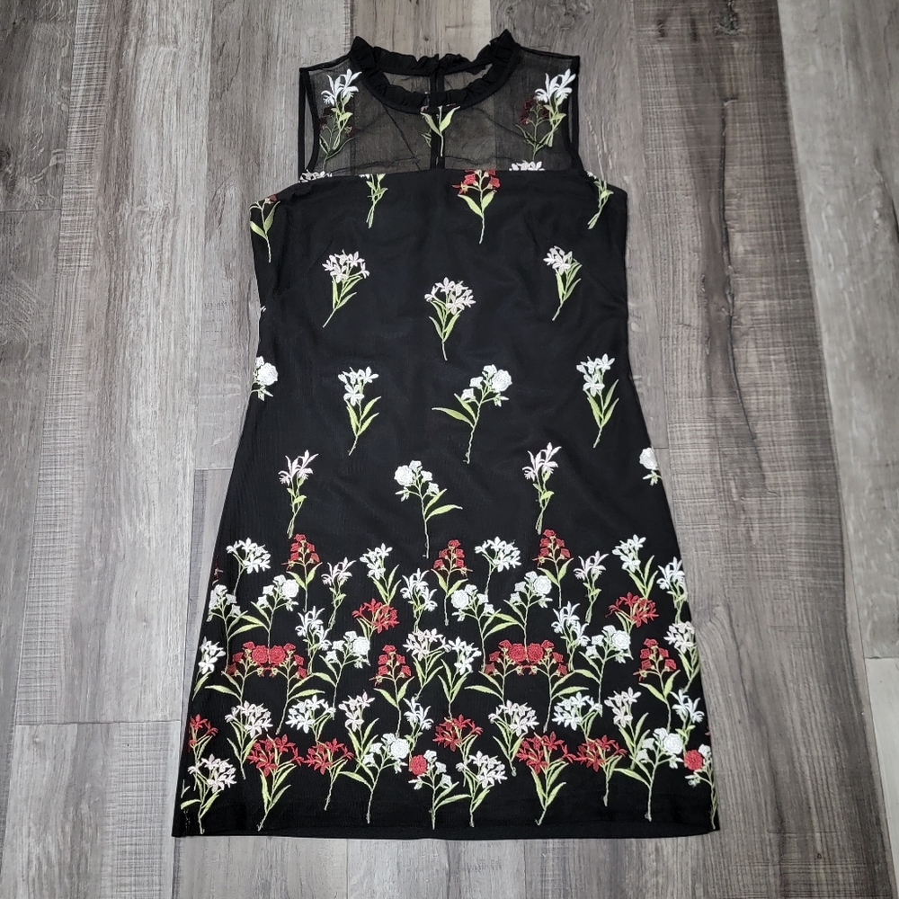 Karl Lagerfeld Black Lace Dress with Embroidered Flowers
